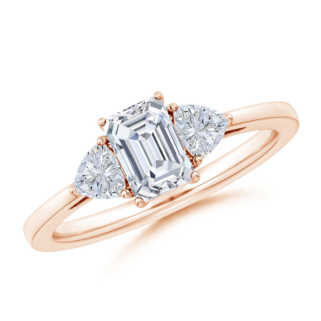 6.5x4.5mm GVS2 Emerald-Cut and Trillion Diamond Three Stone Reverse Tapered Shank Engagement Ring in 10K Rose Gold
