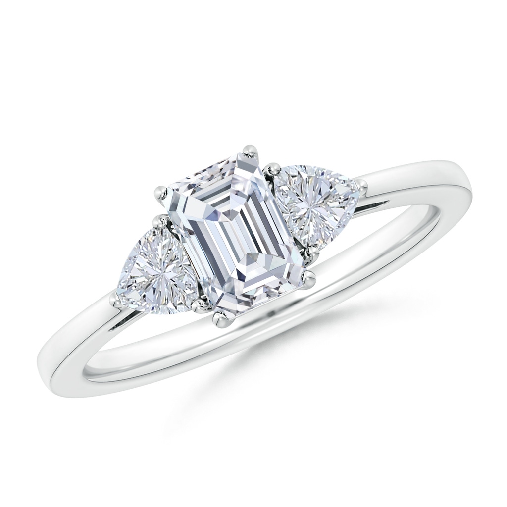 6.5x4.5mm GVS2 Emerald-Cut and Trillion Diamond Three Stone Reverse Tapered Shank Engagement Ring in White Gold 