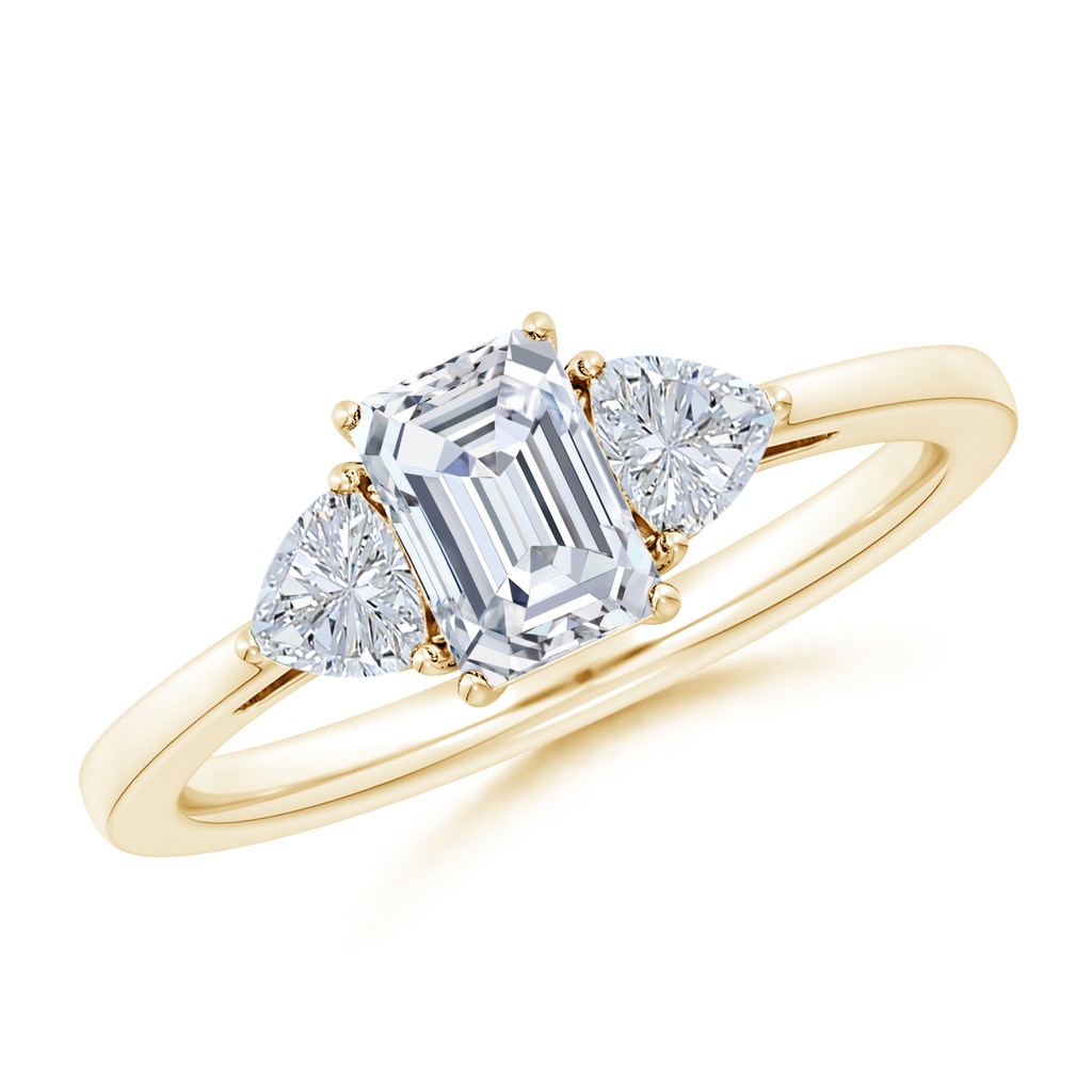 6.5x4.5mm GVS2 Emerald-Cut and Trillion Diamond Three Stone Reverse Tapered Shank Engagement Ring in Yellow Gold