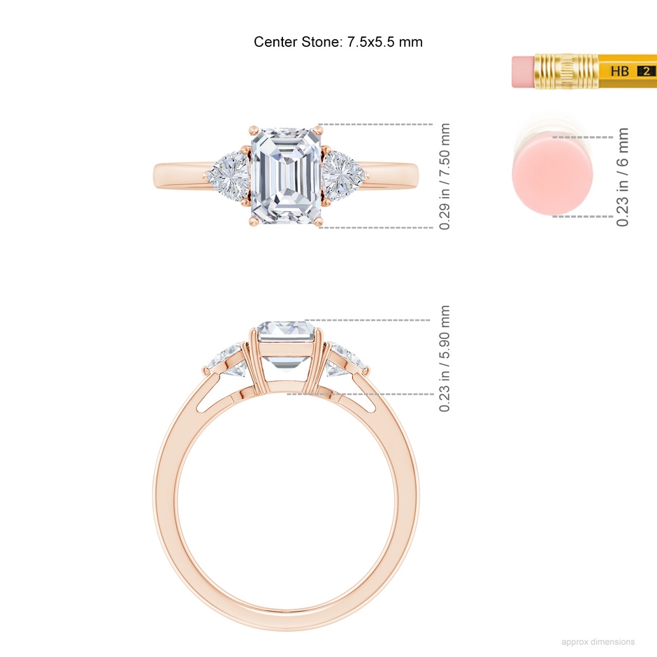 7.5x5.5mm GVS2 Emerald-Cut and Trillion Diamond Three Stone Reverse Tapered Shank Engagement Ring in Rose Gold ruler