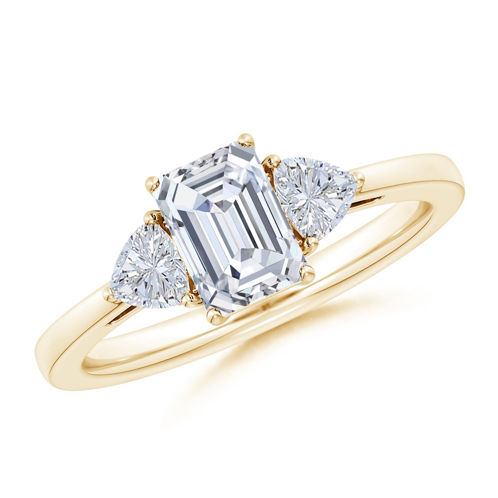 7x5mm GVS2 Emerald-Cut and Trillion Diamond Three Stone Reverse Tapered Shank Engagement Ring in Yellow Gold 