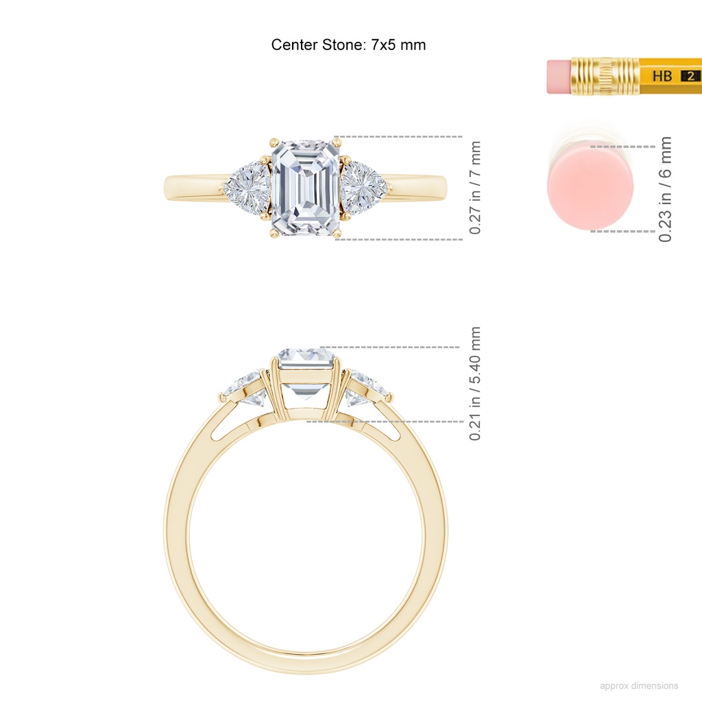 7x5mm GVS2 Emerald-Cut and Trillion Diamond Three Stone Reverse Tapered Shank Engagement Ring in Yellow Gold ruler