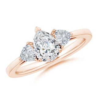 7.7x5.7mm GVS2 Pear and Trillion Diamond Three Stone Reverse Tapered Shank Engagement Ring in 18K Rose Gold