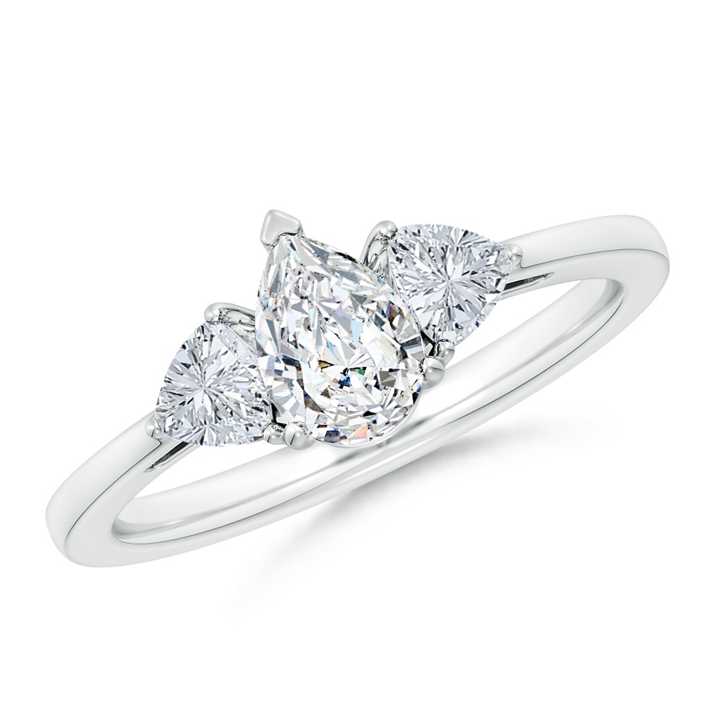 7x5mm GVS2 Pear and Trillion Diamond Three Stone Reverse Tapered Shank Engagement Ring in White Gold