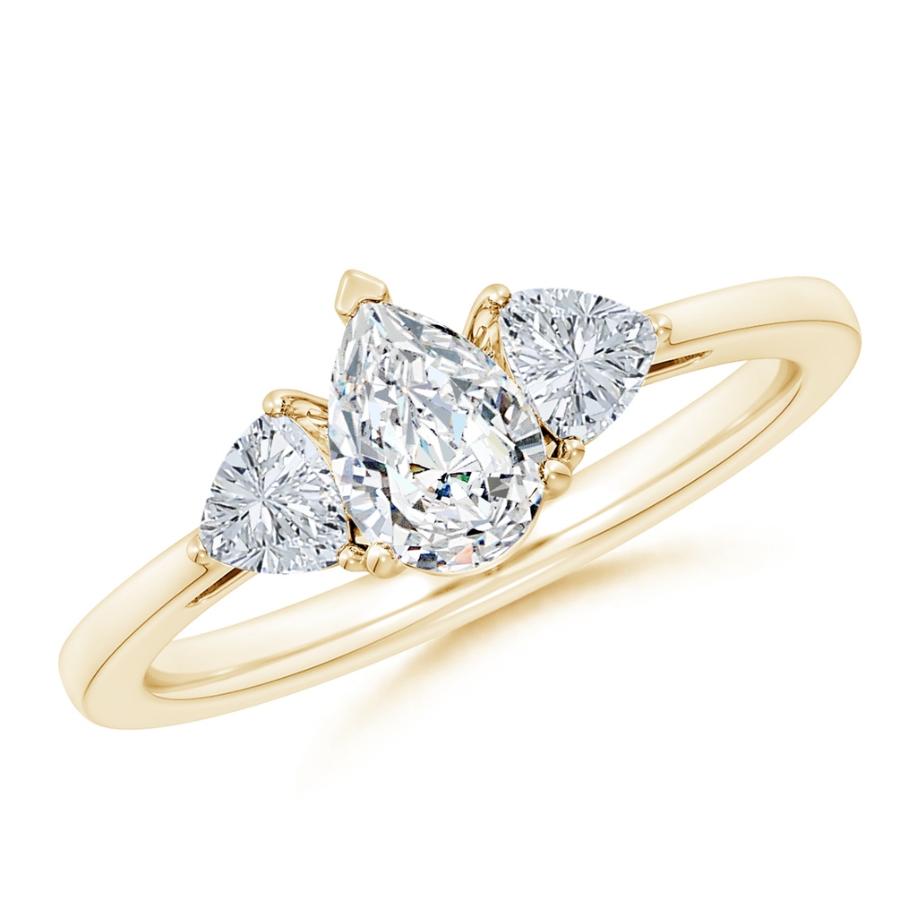 7x5mm GVS2 Pear and Trillion Diamond Three Stone Reverse Tapered Shank Engagement Ring in Yellow Gold