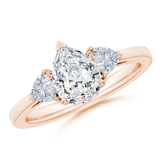 8.5x6.5mm GVS2 Pear and Trillion Diamond Three Stone Reverse Tapered Shank Engagement Ring in 18K Rose Gold