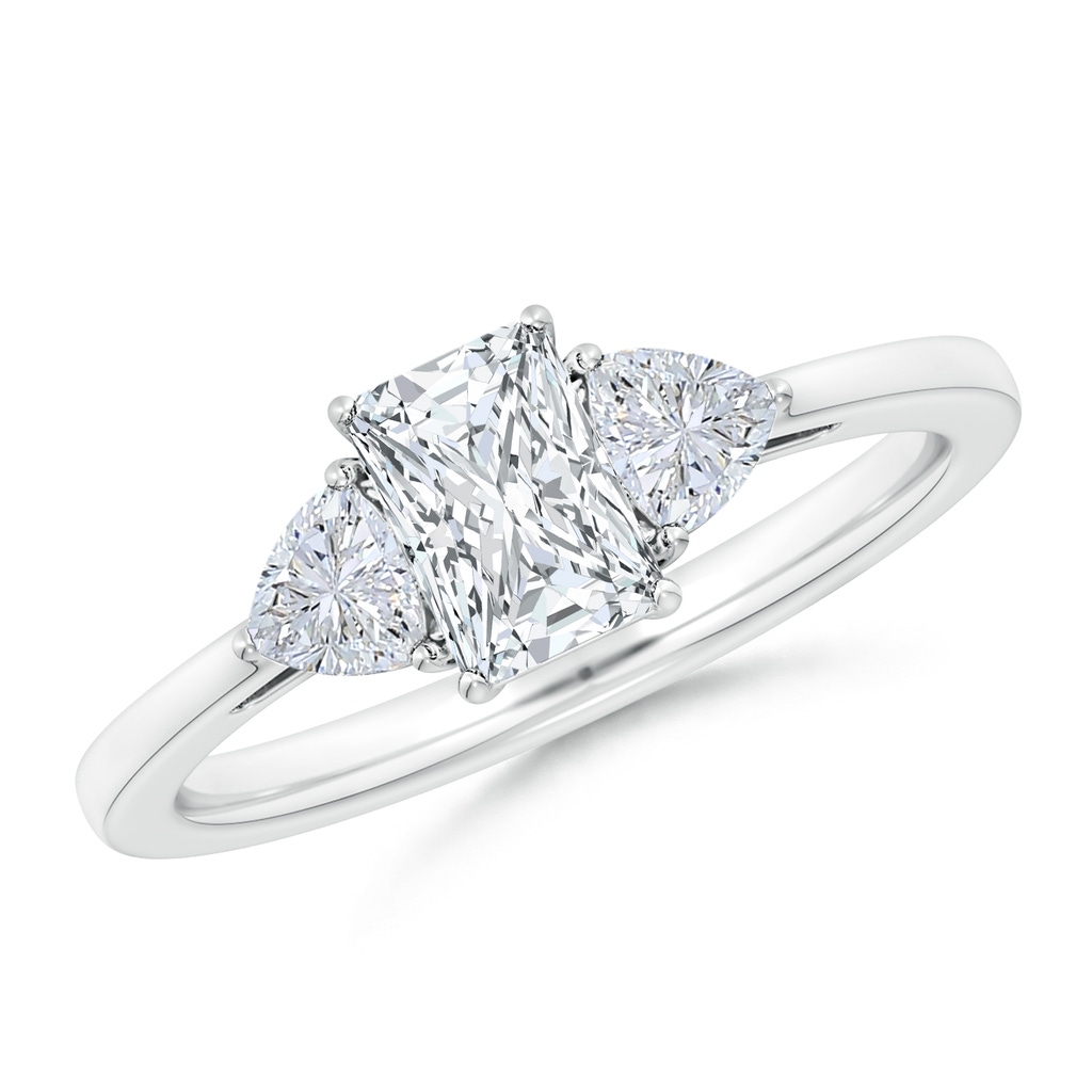 6.5x4.5mm GVS2 Radiant-Cut and Trillion Diamond Three Stone Reverse Tapered Shank Engagement Ring in P950 Platinum