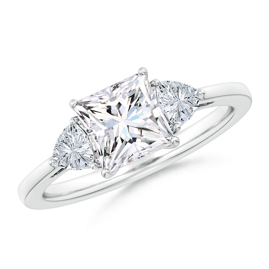 6.5mm GVS2 Princess-Cut and Trillion Diamond Three Stone Reverse Tapered Shank Engagement Ring in White Gold