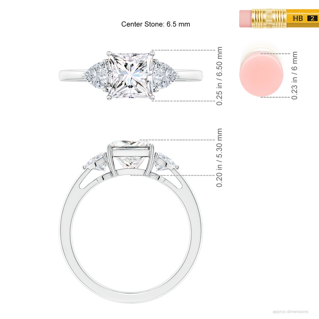 6.5mm GVS2 Princess-Cut and Trillion Diamond Three Stone Reverse Tapered Shank Engagement Ring in White Gold ruler