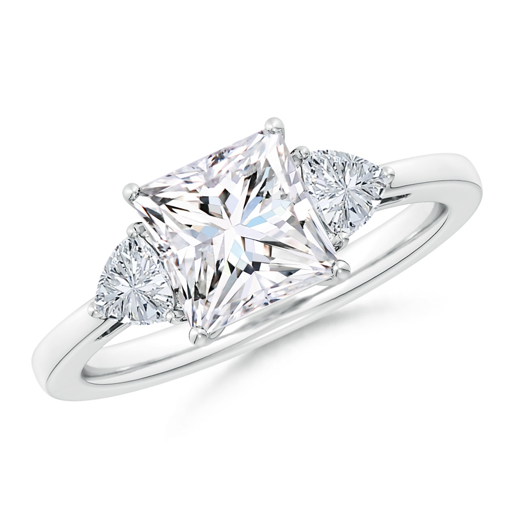 7mm GVS2 Princess-Cut and Trillion Diamond Three Stone Reverse Tapered Shank Engagement Ring in 18K White Gold 