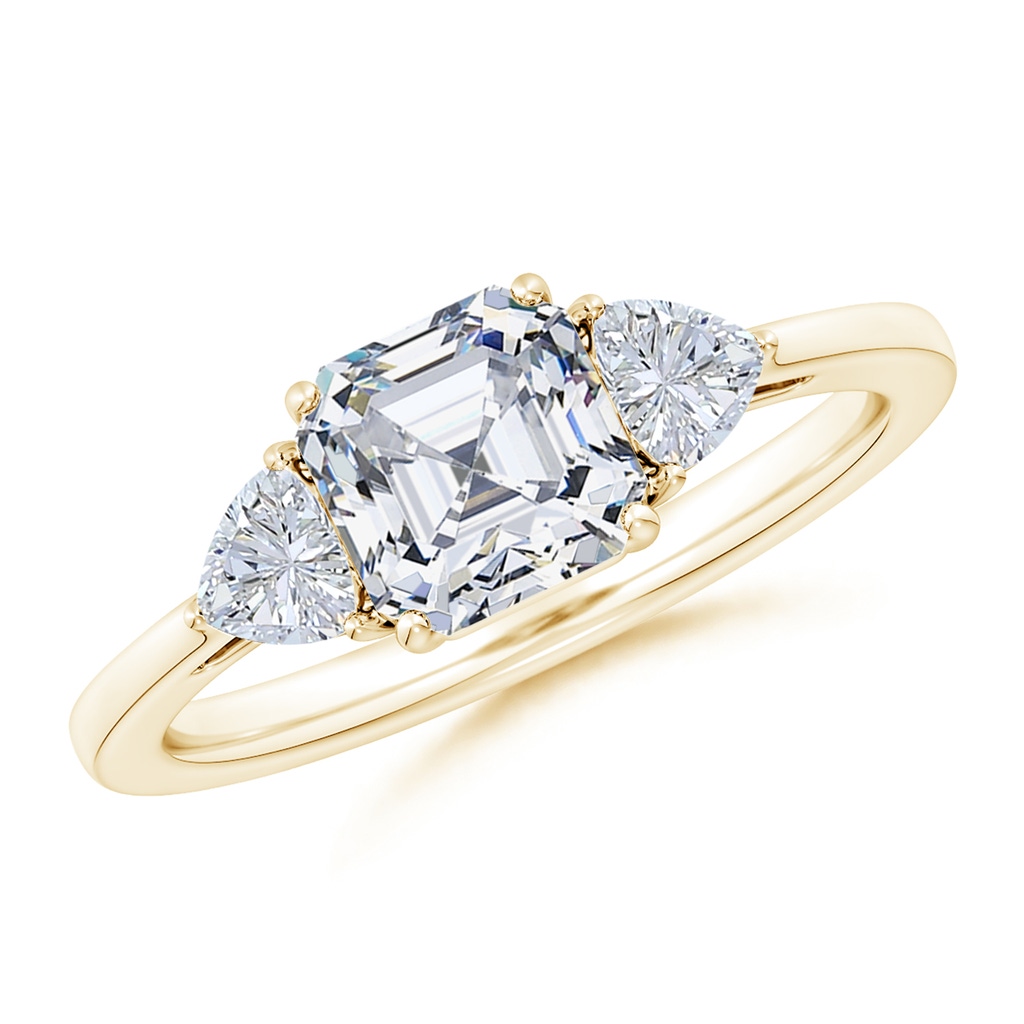 6.5mm GVS2 Asscher-Cut and Trillion Diamond Three Stone Reverse Tapered Shank Engagement Ring in Yellow Gold