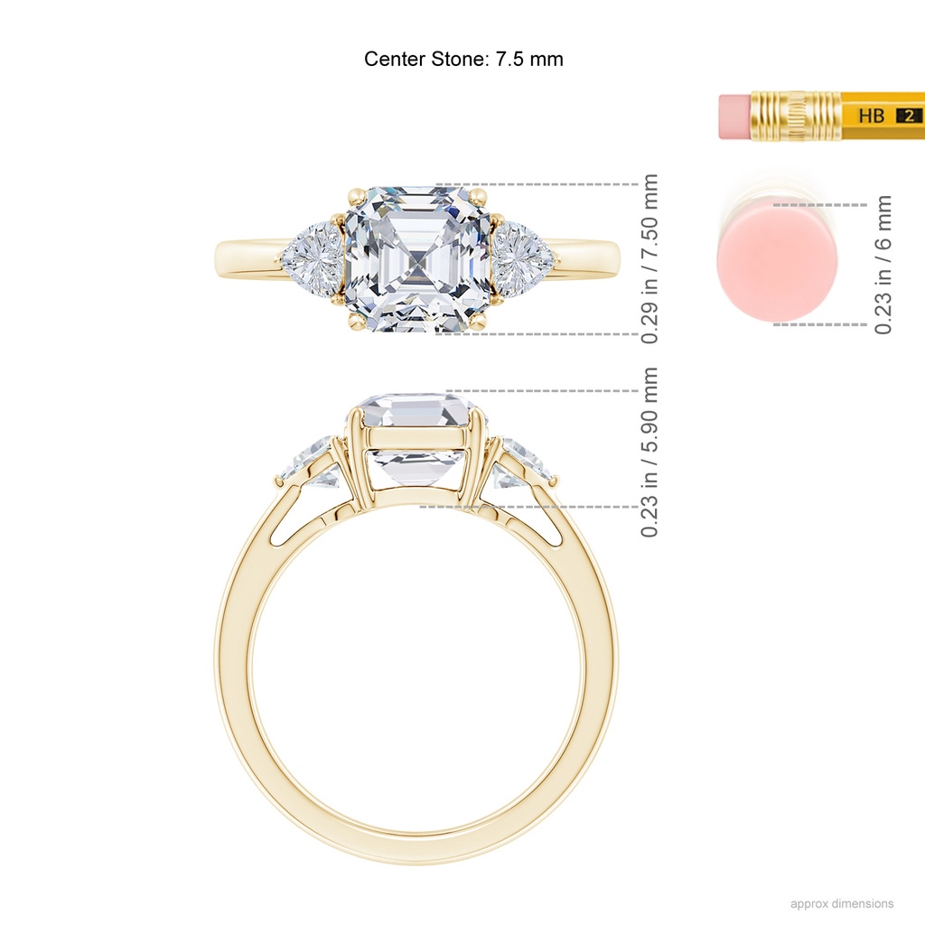 7.5mm GVS2 Asscher-Cut and Trillion Diamond Three Stone Reverse Tapered Shank Engagement Ring in Yellow Gold ruler