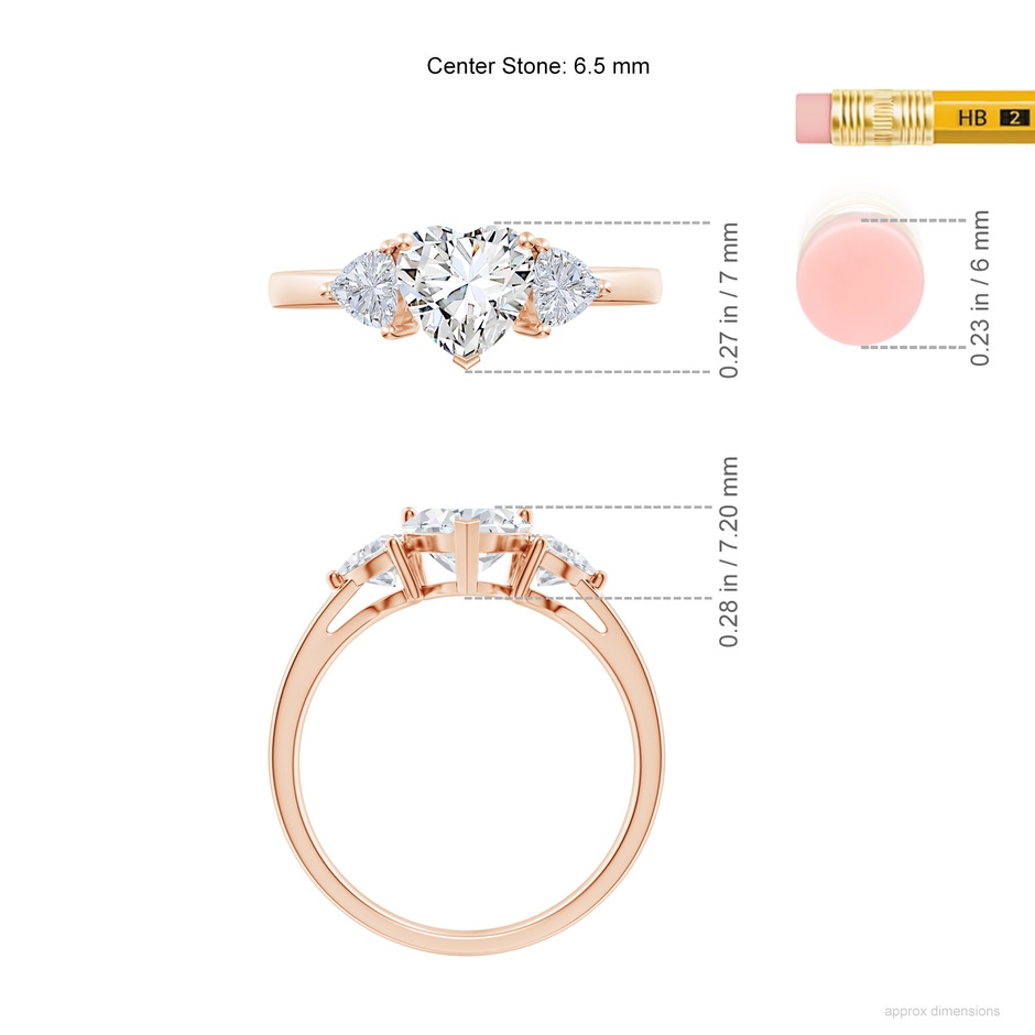 6.5mm GVS2 Heart-Shaped and Trillion Diamond Three Stone Reverse Tapered Shank Engagement Ring in 10K Rose Gold ruler