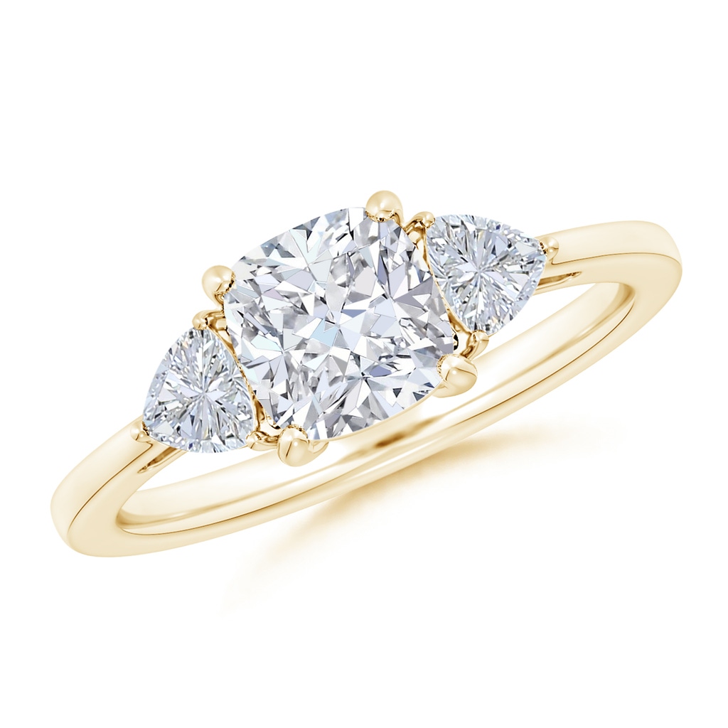 6.5mm GVS2 Cushion and Trillion Diamond Three Stone Reverse Tapered Shank Engagement Ring in Yellow Gold