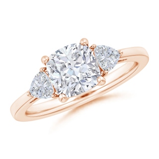 7mm GVS2 Cushion and Trillion Diamond Three Stone Reverse Tapered Shank Engagement Ring in Rose Gold