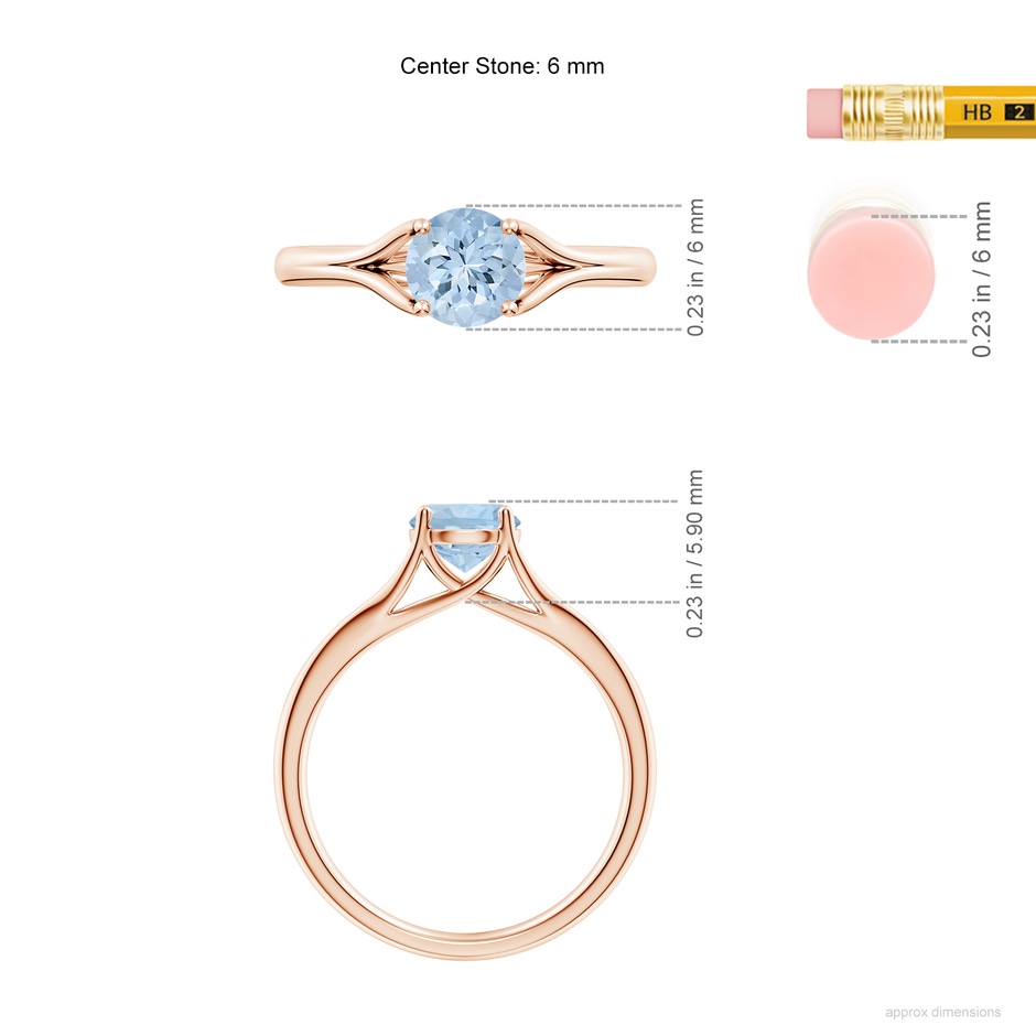 6mm AA Classic Solitaire Round Aquamarine Split Shank Engagement Ring in Rose Gold ruler