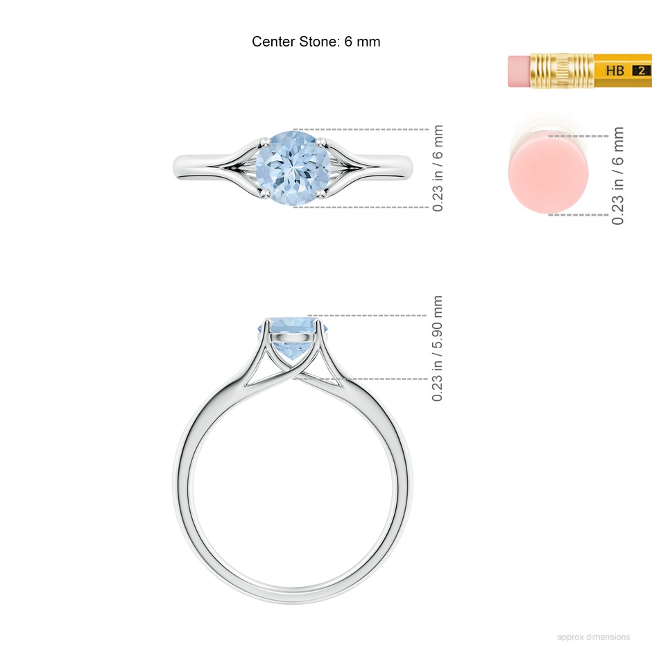 6mm AA Classic Solitaire Round Aquamarine Split Shank Engagement Ring in S999 Silver ruler