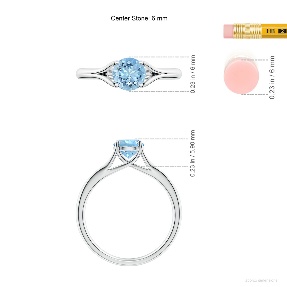 6mm AAAA Classic Solitaire Round Aquamarine Split Shank Engagement Ring in S999 Silver ruler