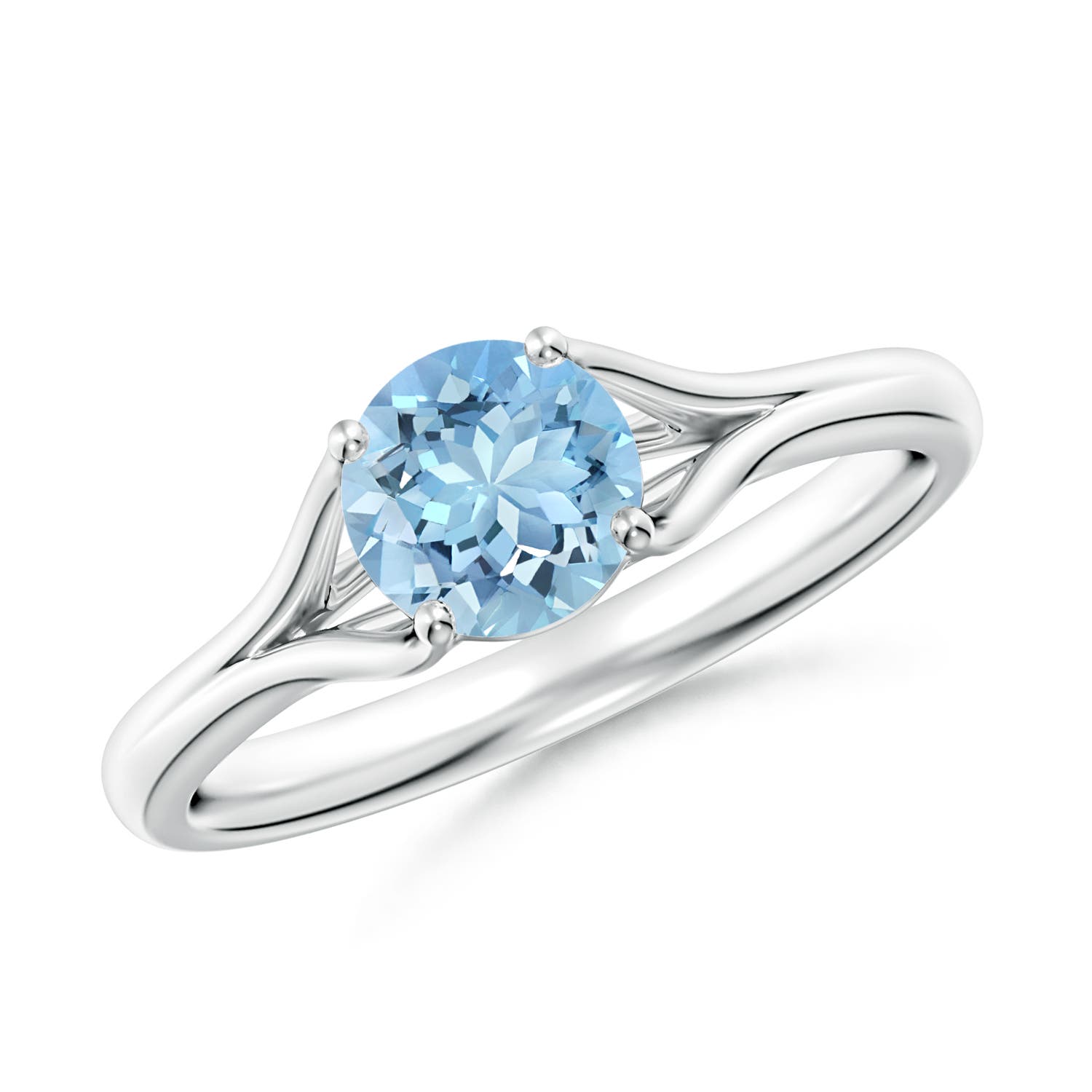 6mm AAAA Classic Solitaire Round Aquamarine Split Shank Engagement Ring in White Gold