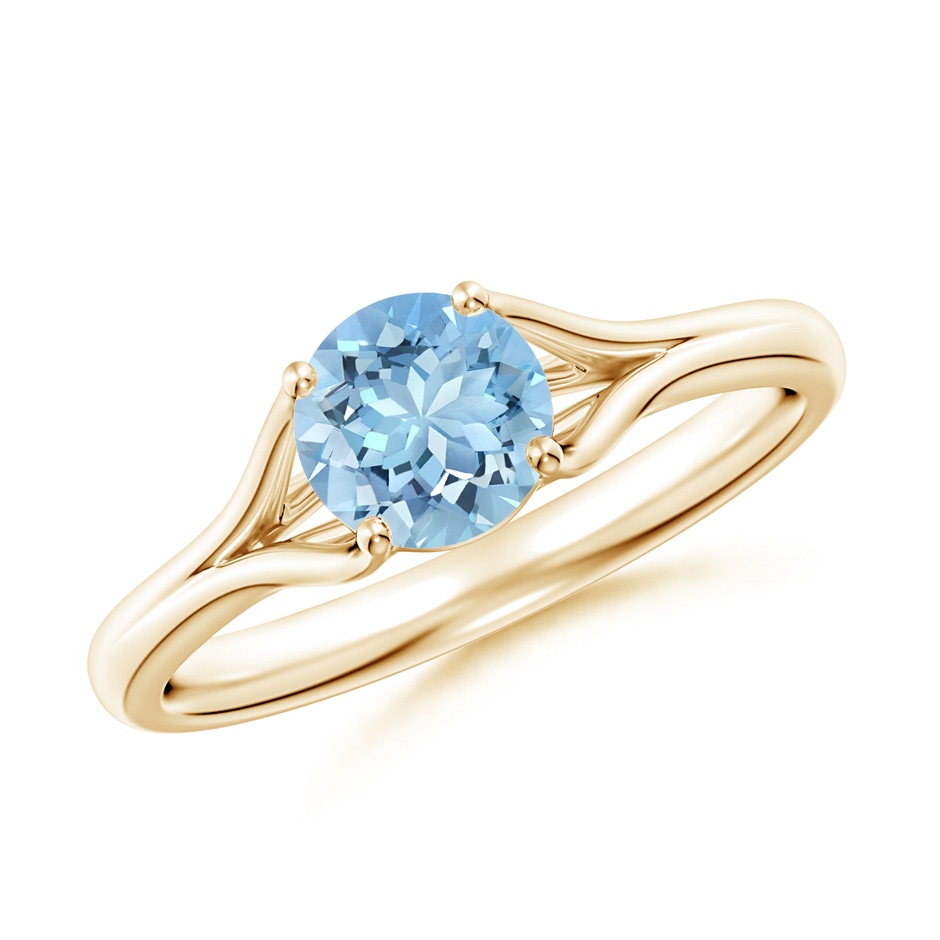 6mm AAAA Classic Solitaire Round Aquamarine Split Shank Engagement Ring in Yellow Gold 