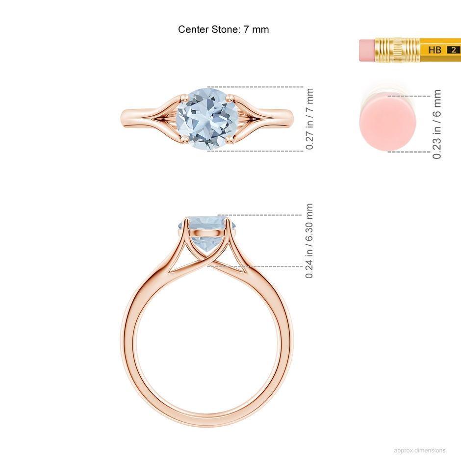 7mm A Classic Solitaire Round Aquamarine Split Shank Engagement Ring in Rose Gold ruler