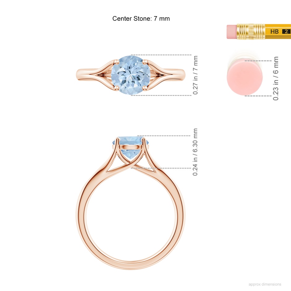 7mm AA Classic Solitaire Round Aquamarine Split Shank Engagement Ring in Rose Gold ruler