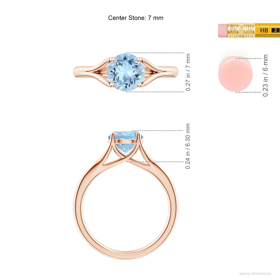 7mm AAA Classic Solitaire Round Aquamarine Split Shank Engagement Ring in Rose Gold ruler