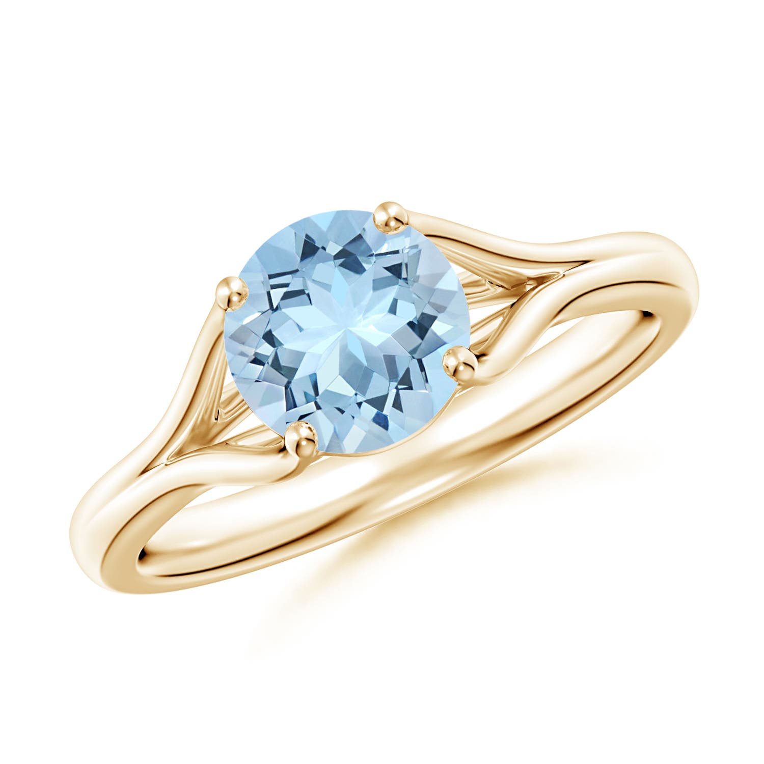 7mm AAA Classic Solitaire Round Aquamarine Split Shank Engagement Ring in Yellow Gold
