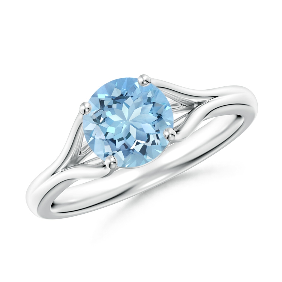 7mm AAAA Classic Solitaire Round Aquamarine Split Shank Engagement Ring in White Gold 