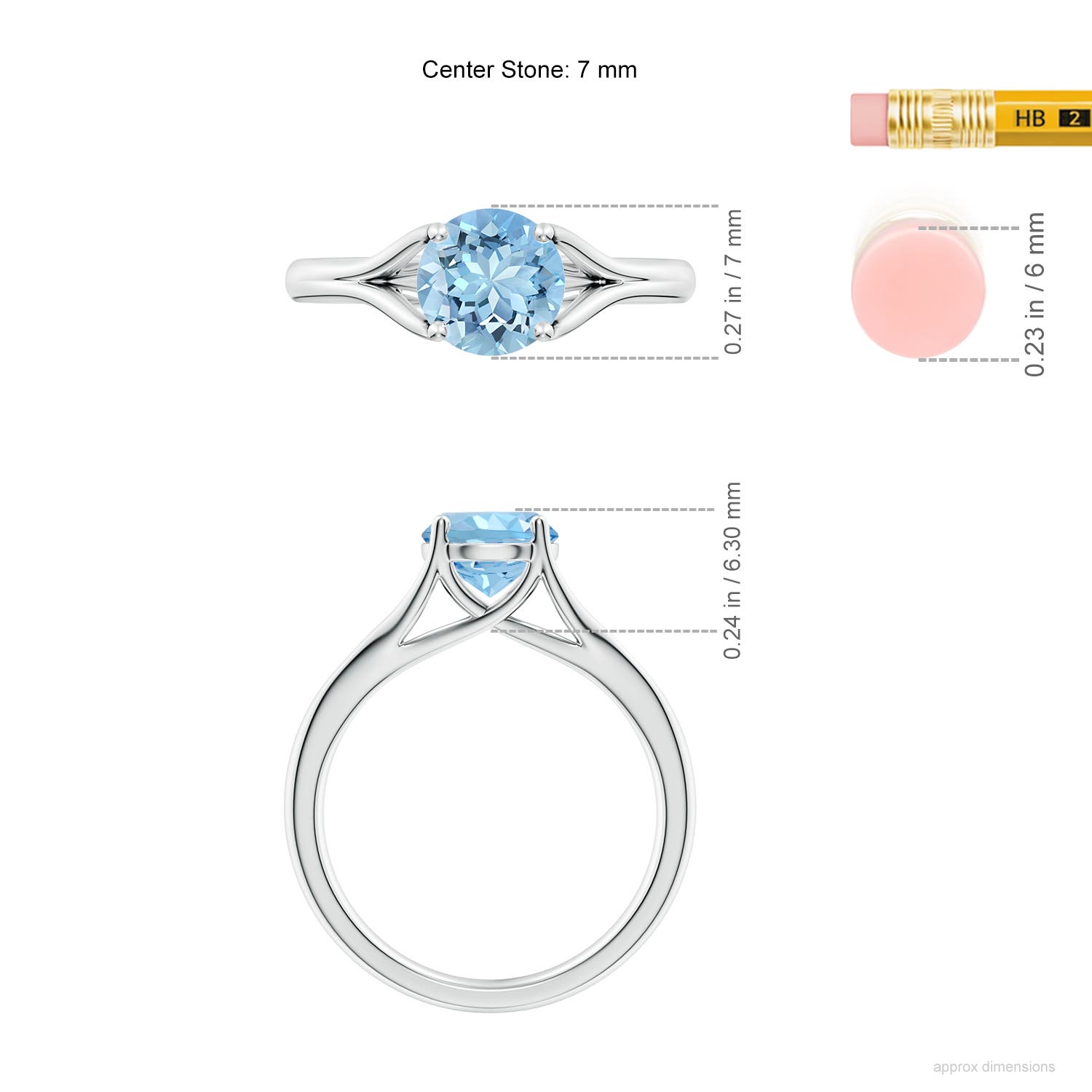 7mm AAAA Classic Solitaire Round Aquamarine Split Shank Engagement Ring in White Gold - ruler