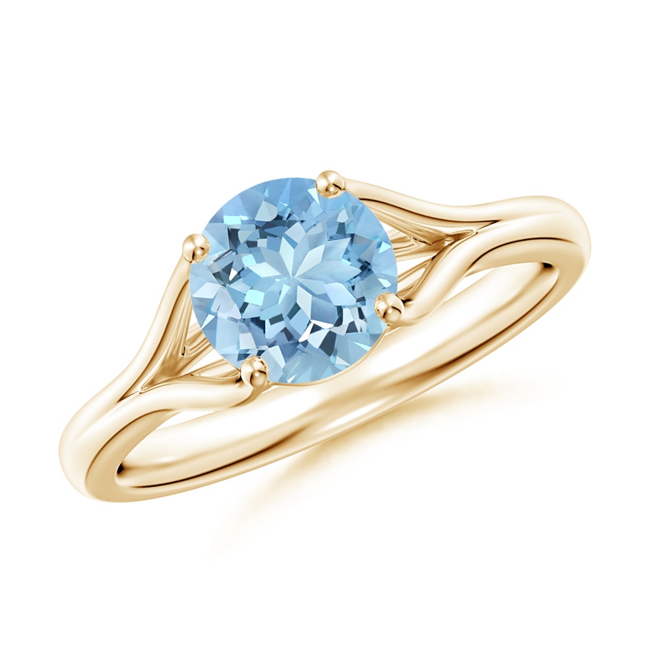 7mm AAAA Classic Solitaire Round Aquamarine Split Shank Engagement Ring in Yellow Gold 