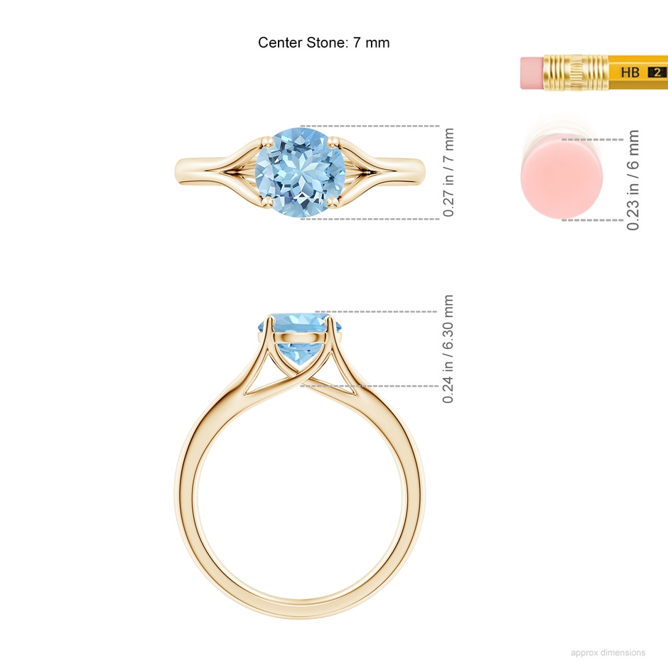 7mm AAAA Classic Solitaire Round Aquamarine Split Shank Engagement Ring in Yellow Gold ruler