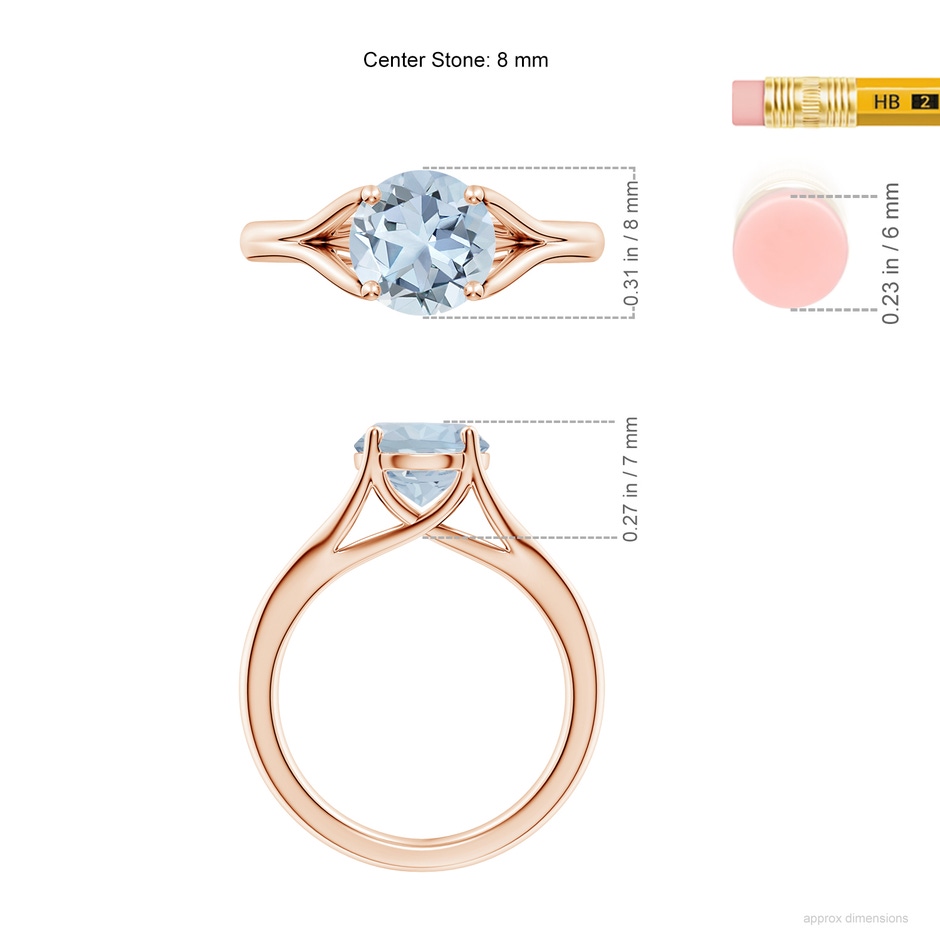 8mm A Classic Solitaire Round Aquamarine Split Shank Engagement Ring in Rose Gold ruler