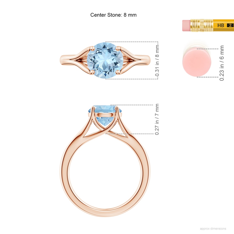 8mm AAA Classic Solitaire Round Aquamarine Split Shank Engagement Ring in Rose Gold ruler