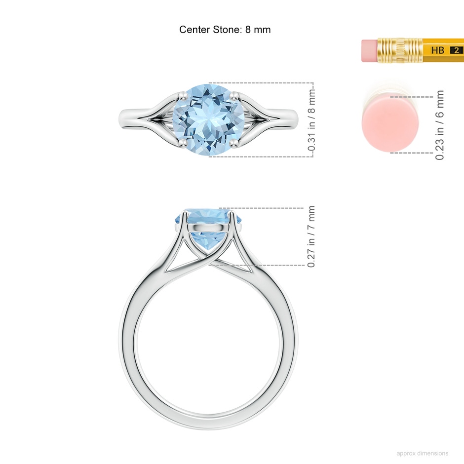 8mm AAA Classic Solitaire Round Aquamarine Split Shank Engagement Ring in White Gold ruler