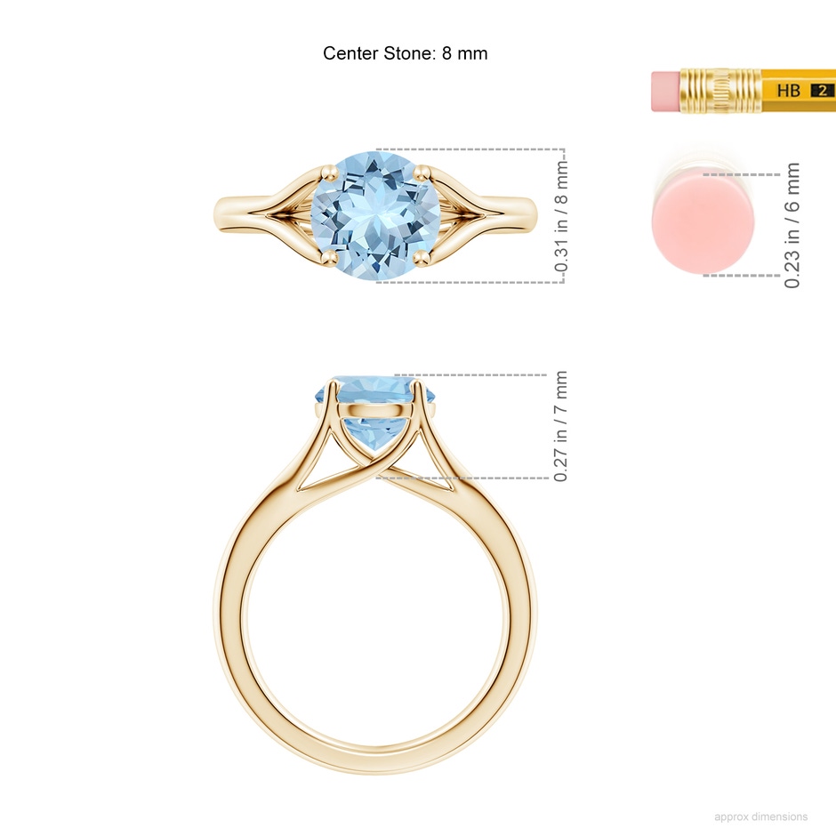 8mm AAA Classic Solitaire Round Aquamarine Split Shank Engagement Ring in Yellow Gold ruler