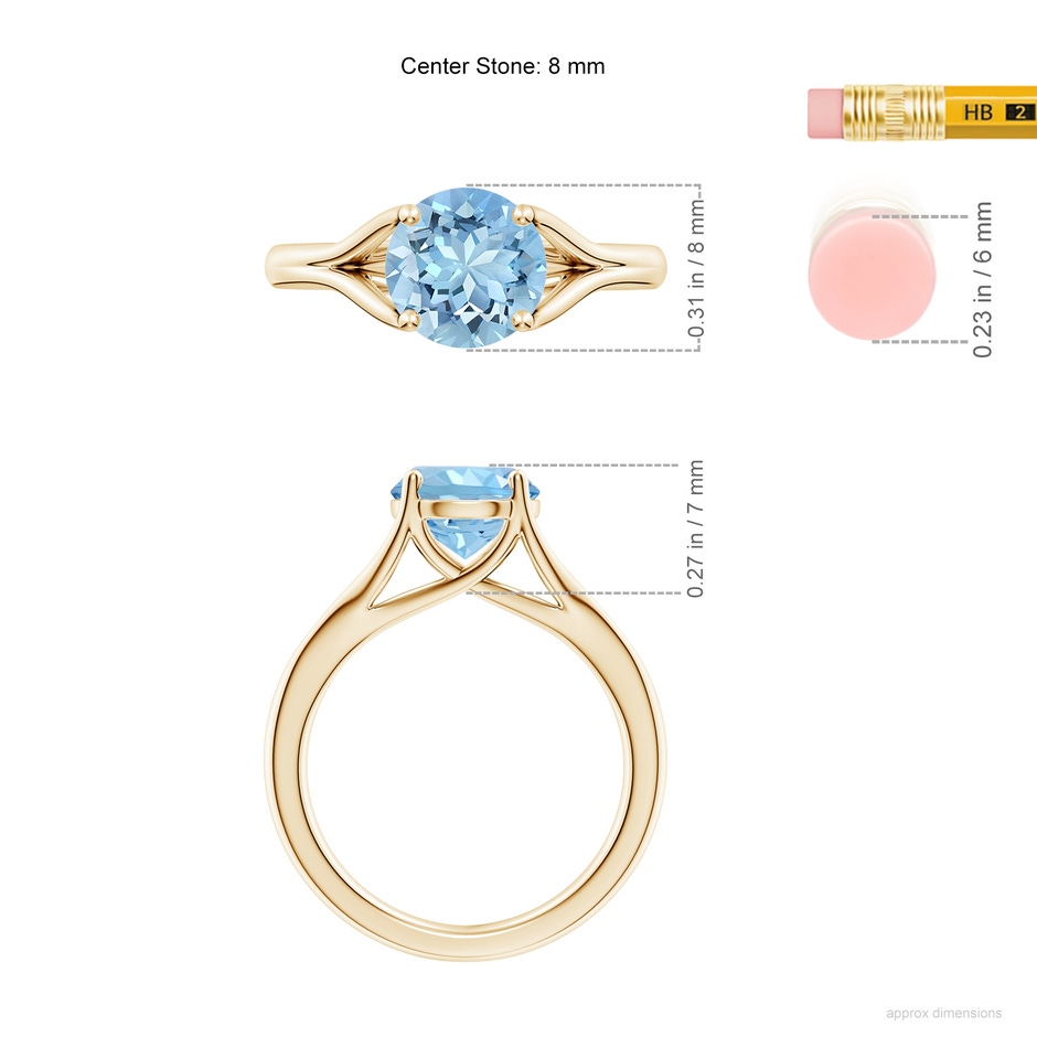 8mm AAAA Classic Solitaire Round Aquamarine Split Shank Engagement Ring in Yellow Gold ruler