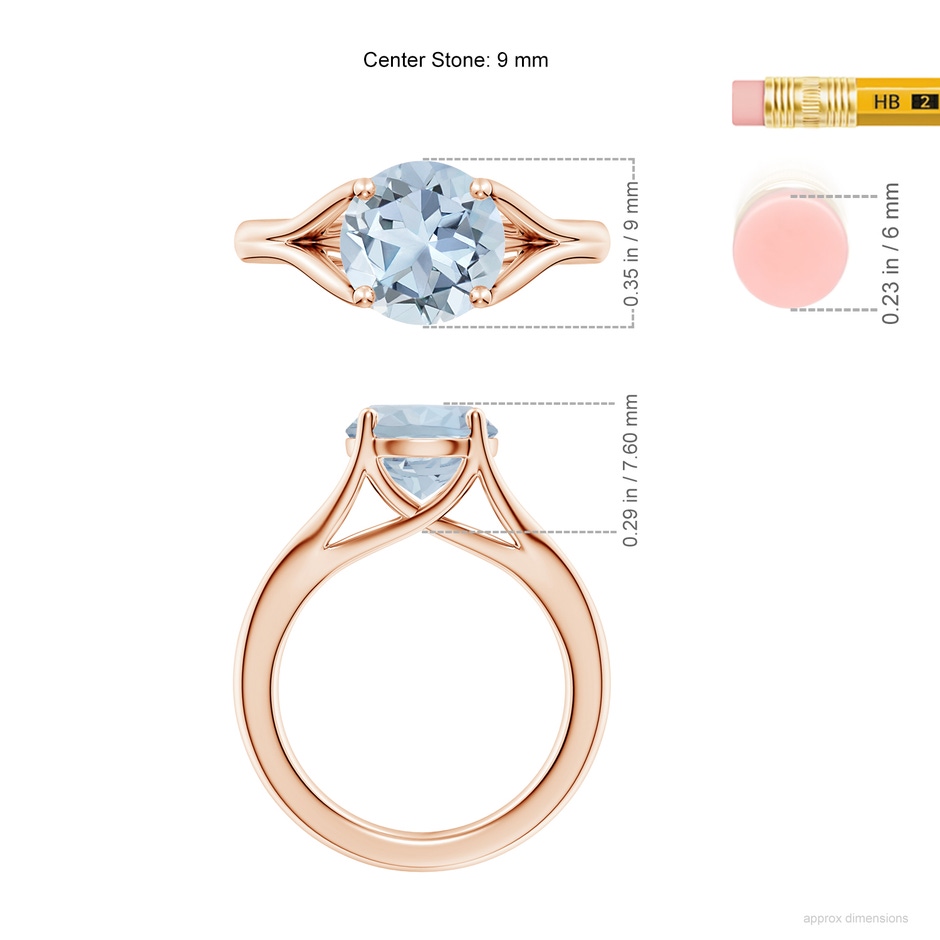 9mm A Classic Solitaire Round Aquamarine Split Shank Engagement Ring in 18K Rose Gold ruler