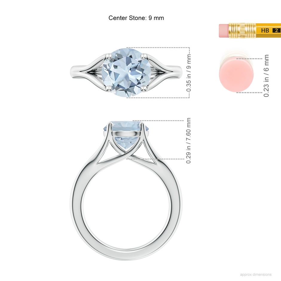 9mm A Classic Solitaire Round Aquamarine Split Shank Engagement Ring in White Gold ruler