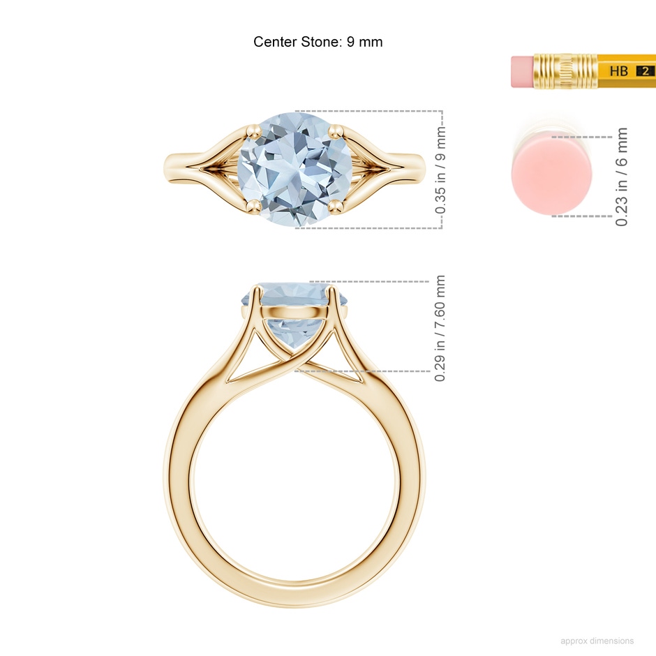 9mm A Classic Solitaire Round Aquamarine Split Shank Engagement Ring in Yellow Gold ruler