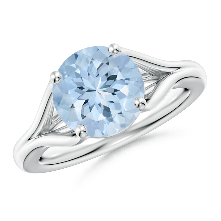 9mm AA Classic Solitaire Round Aquamarine Split Shank Engagement Ring in 18K White Gold 