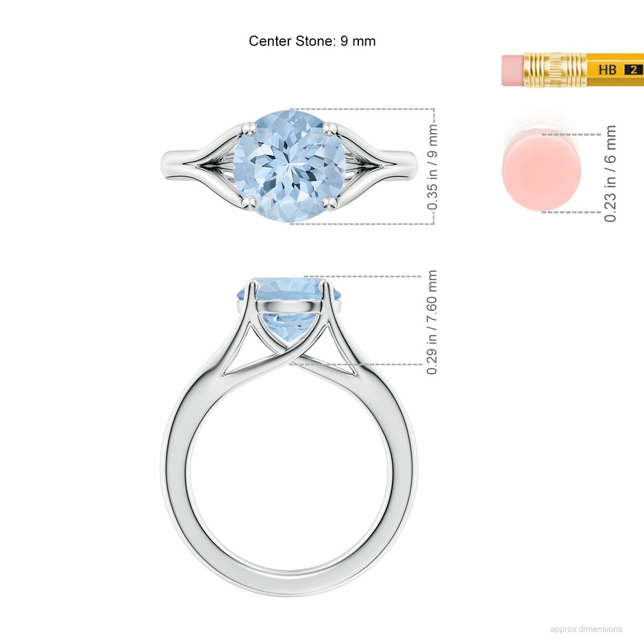 9mm AA Classic Solitaire Round Aquamarine Split Shank Engagement Ring in 18K White Gold ruler