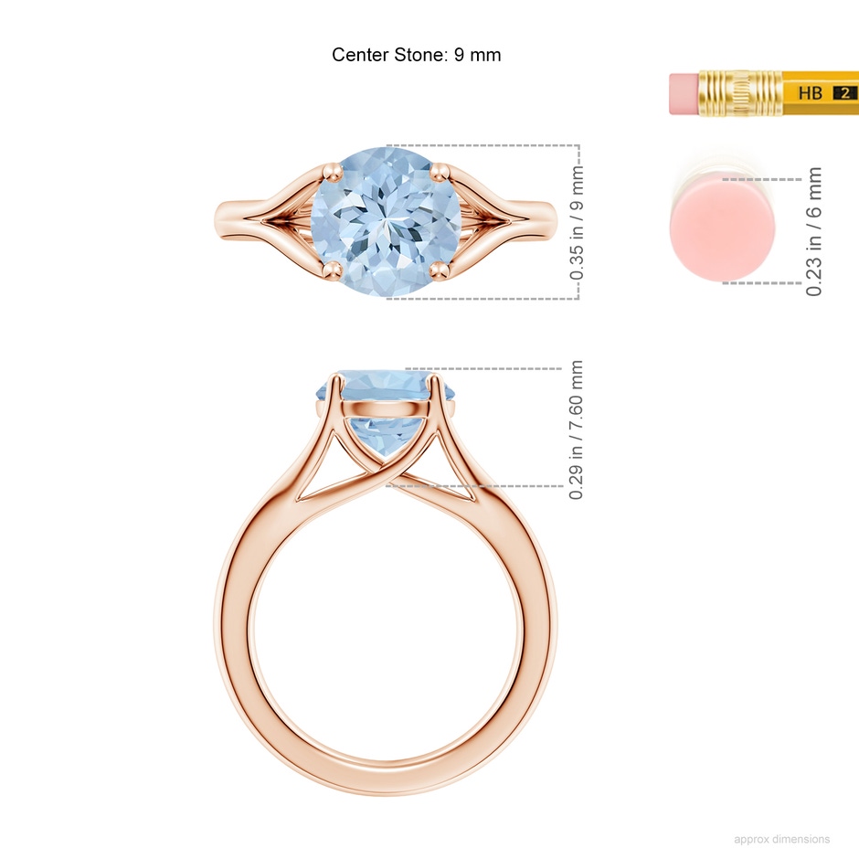 9mm AA Classic Solitaire Round Aquamarine Split Shank Engagement Ring in Rose Gold ruler
