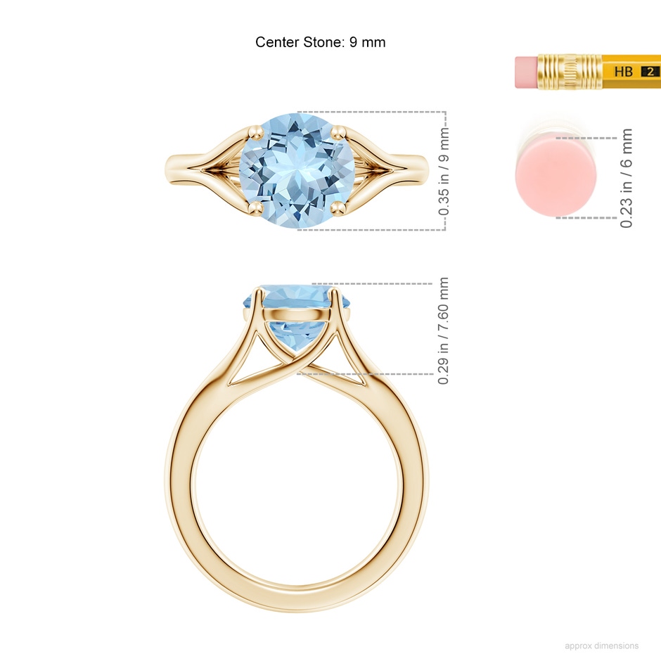 9mm AAA Classic Solitaire Round Aquamarine Split Shank Engagement Ring in 18K Yellow Gold ruler