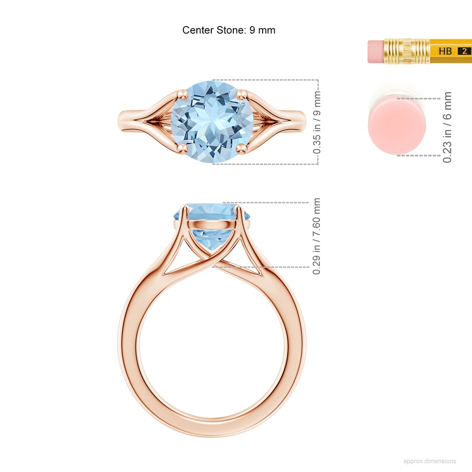 9mm AAA Classic Solitaire Round Aquamarine Split Shank Engagement Ring in Rose Gold ruler