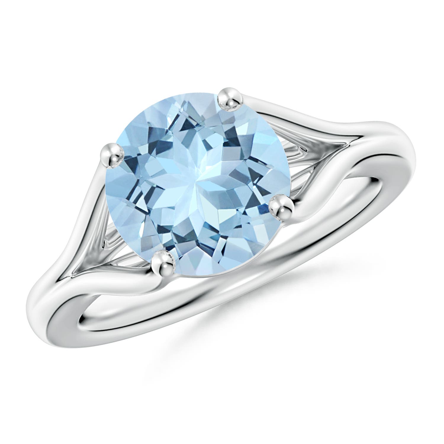 9mm AAA Classic Solitaire Round Aquamarine Split Shank Engagement Ring in White Gold