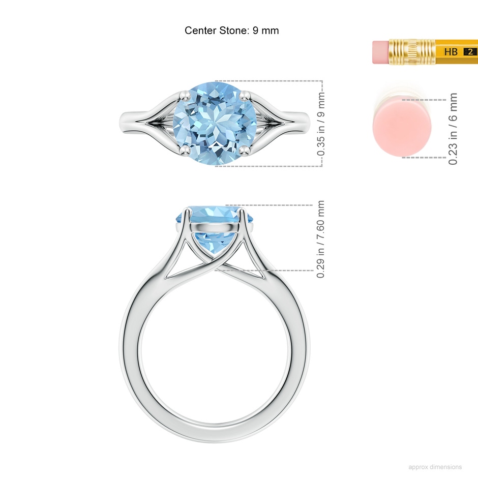 9mm AAAA Classic Solitaire Round Aquamarine Split Shank Engagement Ring in 18K White Gold ruler