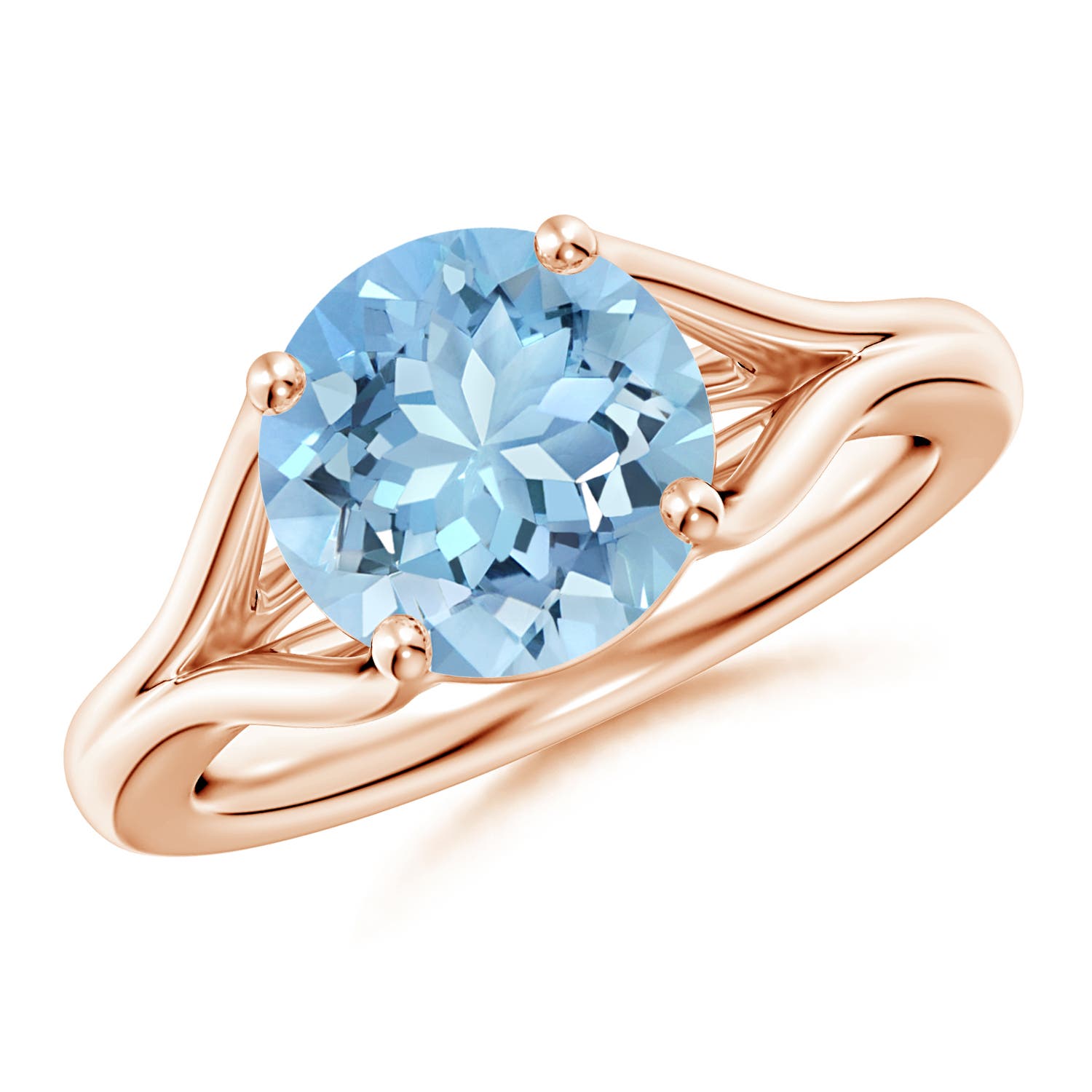 9mm AAAA Classic Solitaire Round Aquamarine Split Shank Engagement Ring in Rose Gold