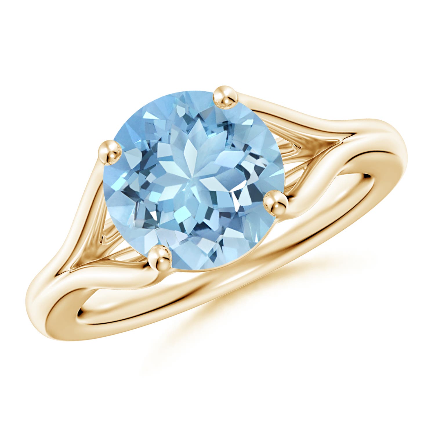 9mm AAAA Classic Solitaire Round Aquamarine Split Shank Engagement Ring in Yellow Gold