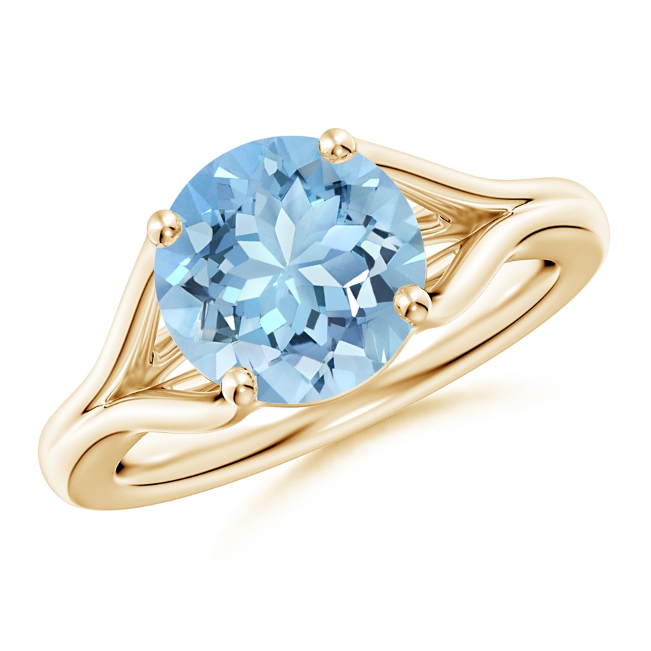 9mm AAAA Classic Solitaire Round Aquamarine Split Shank Engagement Ring in Yellow Gold 